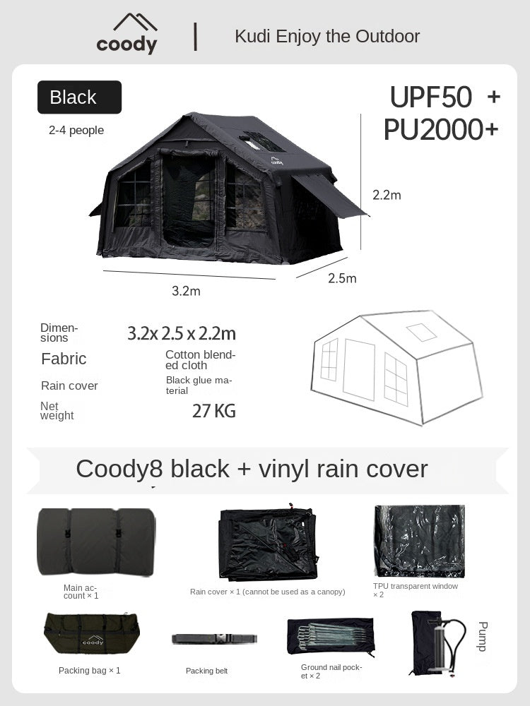 Coody Premium Cabin AIR 8.0 Air Inflatable Tent 4-6 Person 8m² Interior Space Blended Cotton Waterproof Outdoor Camping Black Vinyl Coated Sunscreen Rain Cover