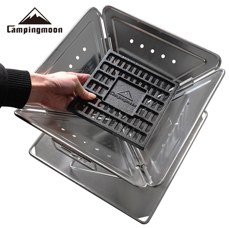 CAMPINGMOON Outdoor Camping Barbecue Fire Table Cast Iron Carbon Bed Durable Grill Thick Cast Iron Square BBQ Roasting Coal Rack Stable Coal Bed