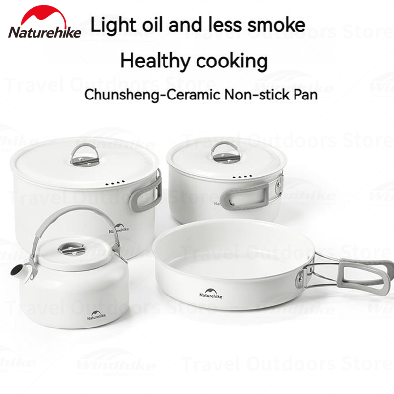 Naturehike Ceramic Non-Stick Set Of Pots And Frying Pans Portable Tableware Stackable Cookware Folding Handle Stainless Steel Aluminum Alloy