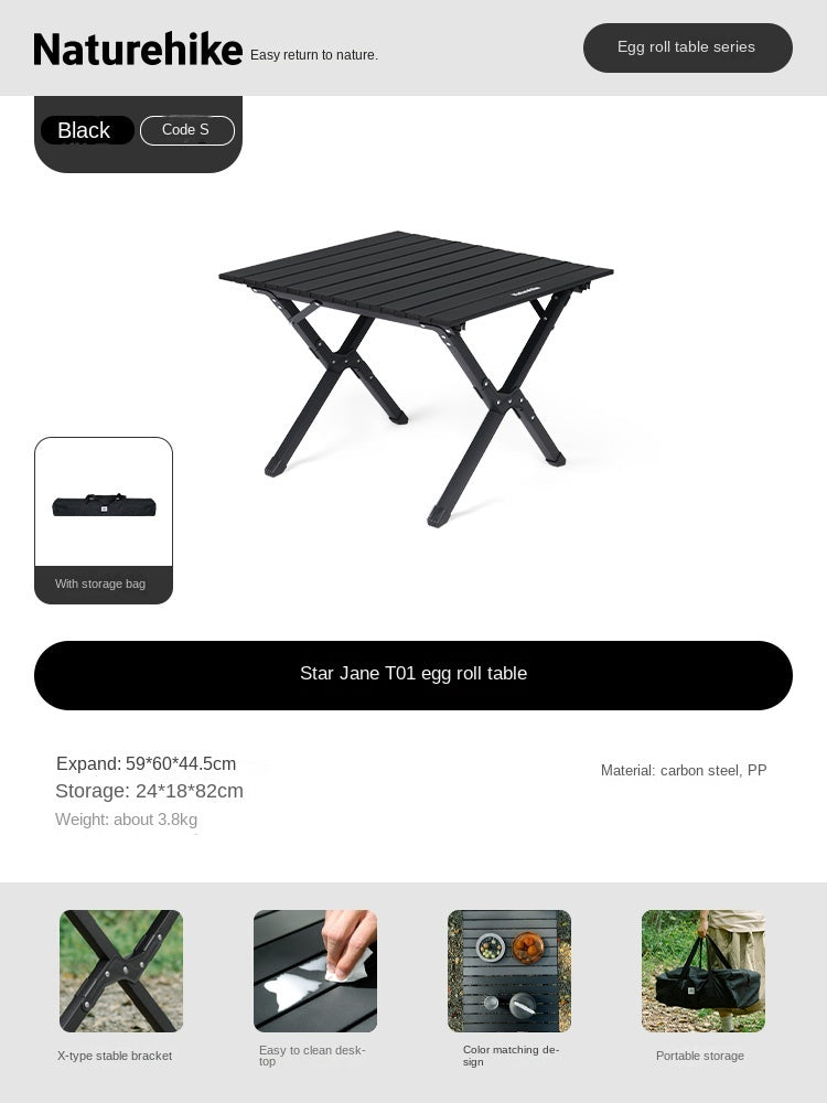 Naturehike STAR JANE T01 Egg Roll Table Portable Foldable Small Medium Large Sizes 150kg Max Load Folding Table Carbon Steel Black Khaki Carbon Steel Heavy Duty
