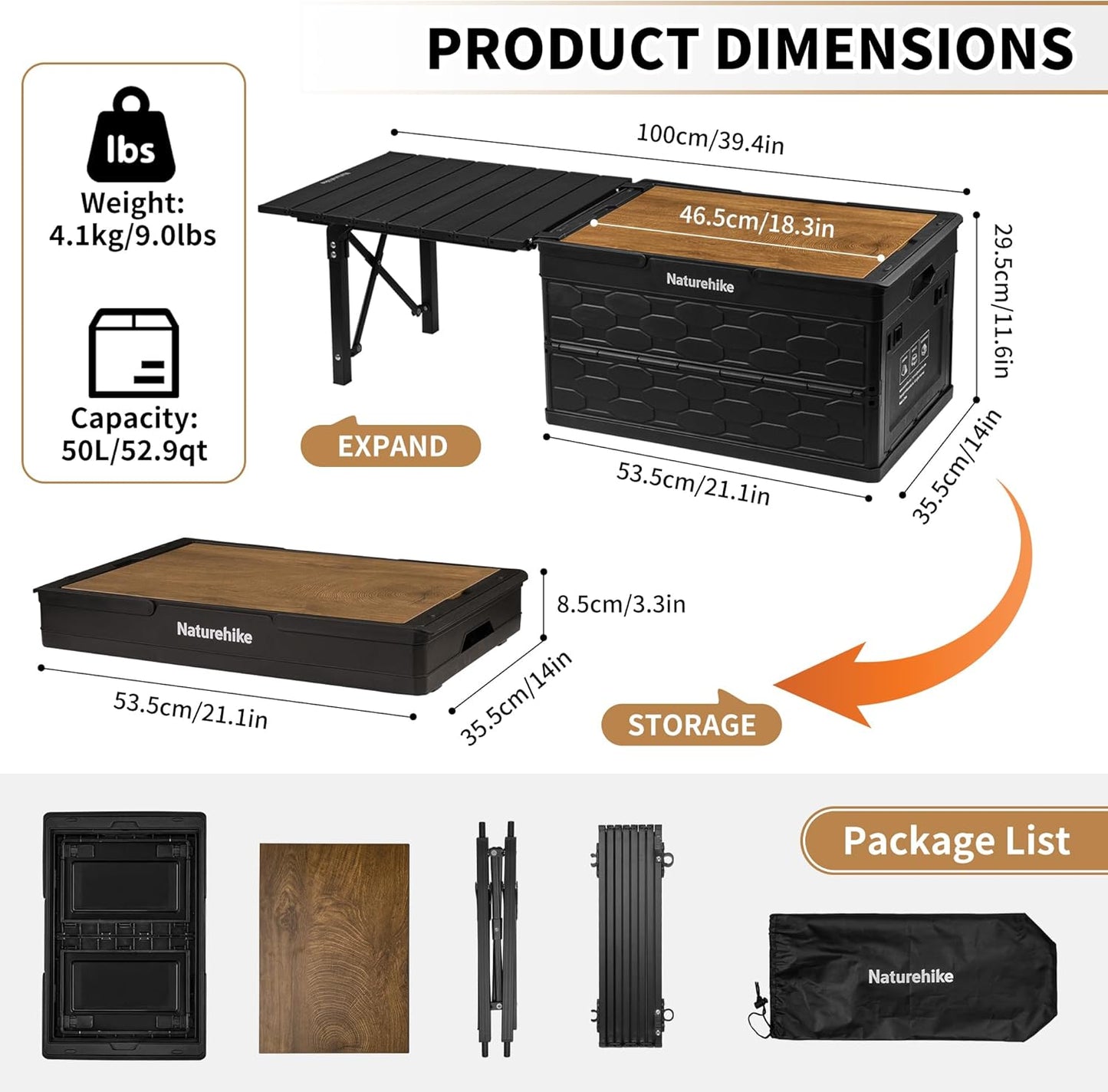 Naturehike LISAPACE Storage Box Plus Table Portable Lightweight Multifunctional 50L Capacity Folding Table Storage Box Desk Wood Top Lid Outdoor