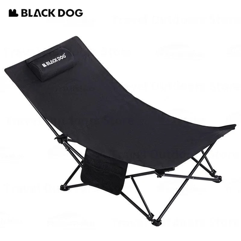 BLACKDOG Black Foldable Camping Lounger Portable Leisure Chair and Bed 2 in 1 Reclining Removable Headrest Pillow Folding Office Balcony Chair