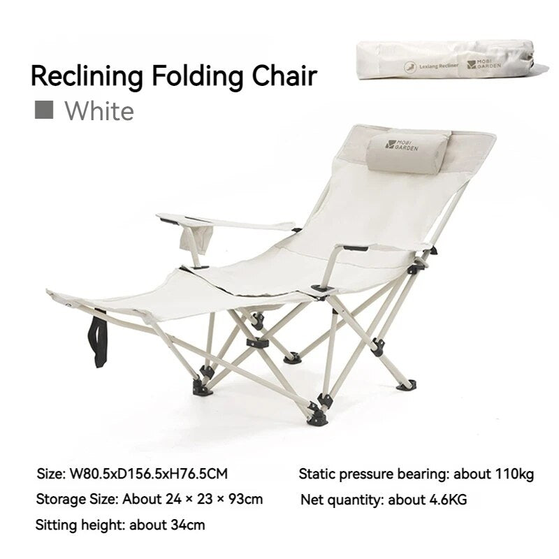 MOBI GARDEN HAPPY Recliner Chair Outdoor Folding Reclining Relax Full Lying Recline Armrest Seat 110kg Max Load Steel Iron Structure With Storage Bag