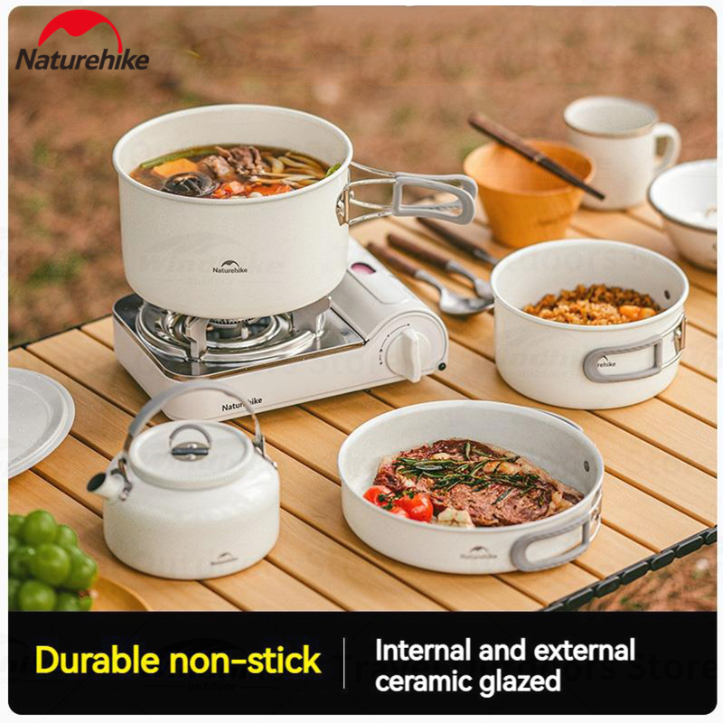 Naturehike Ceramic Non-Stick Set Of Pots And Frying Pans Portable Tableware Stackable Cookware Folding Handle Stainless Steel Aluminum Alloy