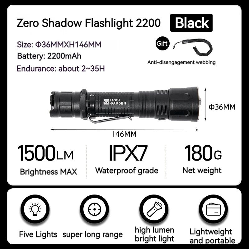 MOBI GARDEN Zero Shadow Flashlight Rechargable Strong LED 5 Adjustable Modes Light High Lumen Long Range Beam Searchlight Waterproof One Key Flash