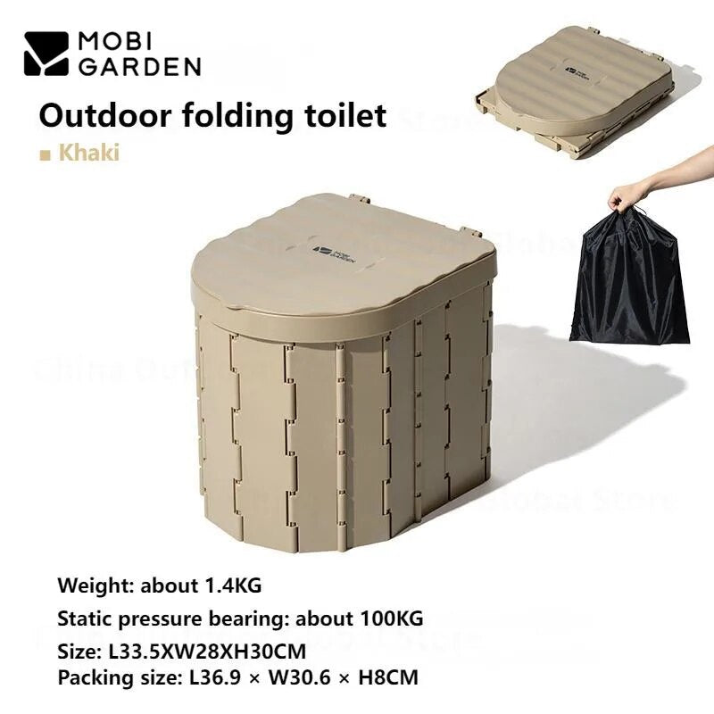 MOBI GARDEN Portable D-Type Outdoor Adult Toilet Camping Beach Travel Car Integrated Mount Arc Shape Emergency Foldable Toilet Folding Trash Can Free Garbage Bag ABS Material Original MobiGarden