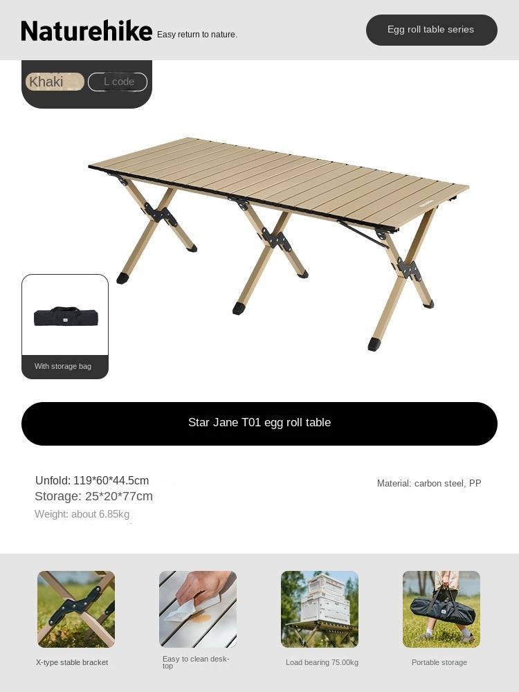 Naturehike STAR JANE T01 Egg Roll Table Portable Foldable Small Medium Large Sizes 150kg Max Load Folding Table Carbon Steel Black Khaki Carbon Steel Heavy Duty