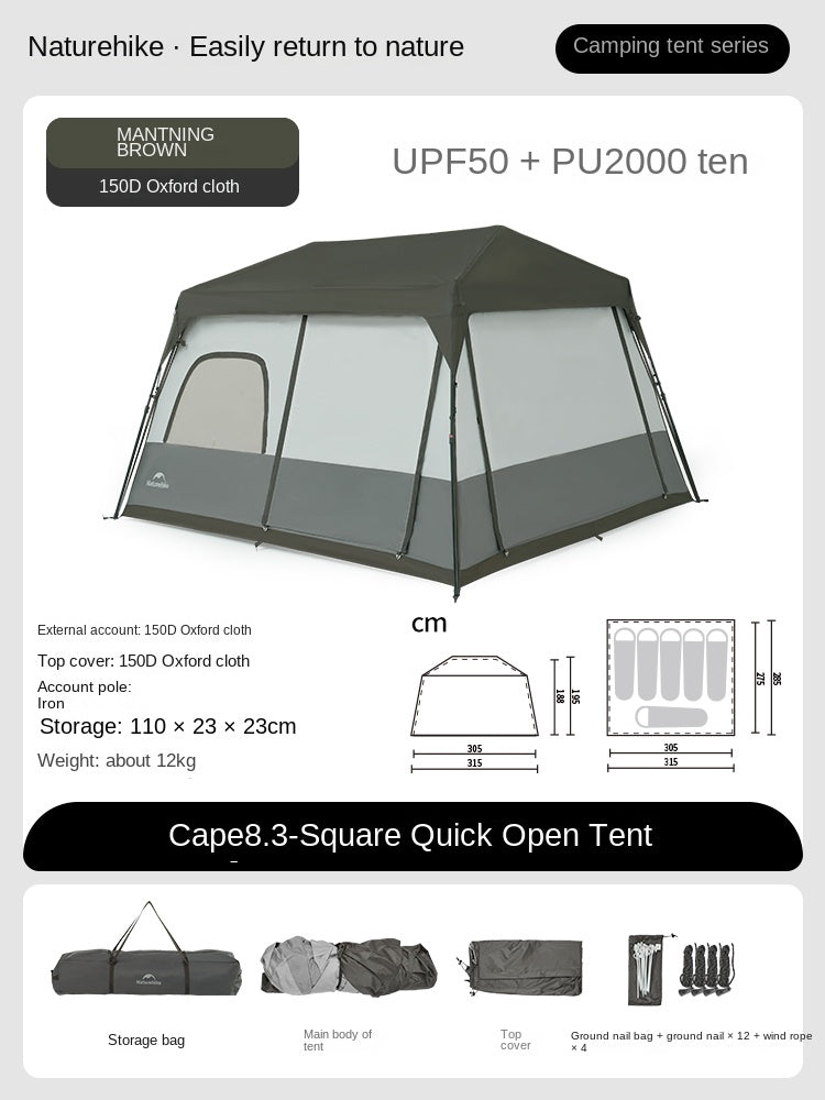 Naturehike CAPE 8.3 Automatic Cabin Style Tent Fast Build For 4-6 Persons Large Space Up To 14m² Use Space Ti Black Coated Sunscreen 150D Titanium Oxford Cloth Iron