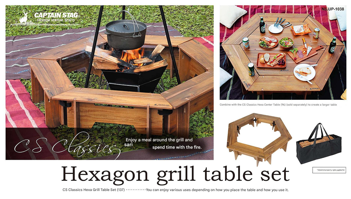 CAPTAIN STAG UP-1038 Modular Hexa Grill Table Set Portable Multi-Setup Folding Outdoor Camping BBQ Bonfire Table Natural Wood Veneer Plywood Table Set