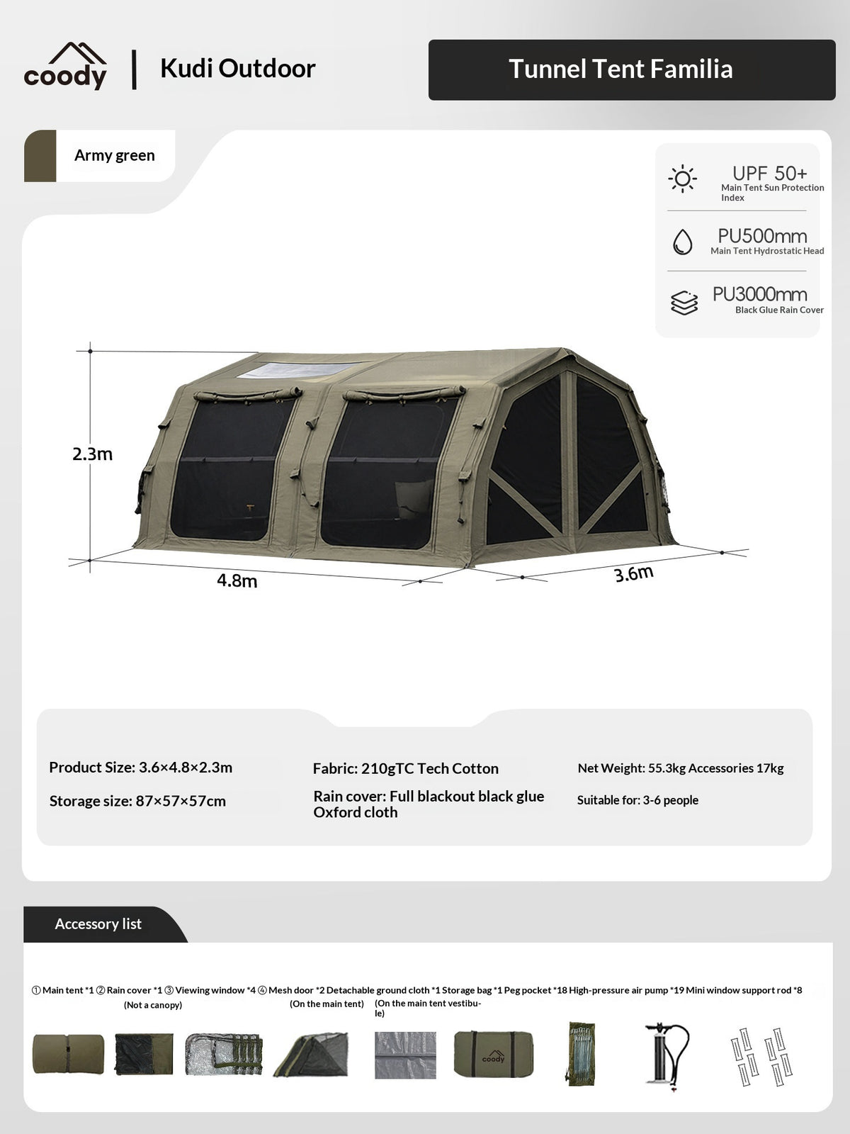 Coody FAMILIA AIR 17.2 PRO Inflatable Air Tent Large Family Camping Tent 4 Sided Mesh Windows Waterproof Glamping Shelter Easy Setup Outdoor Tent