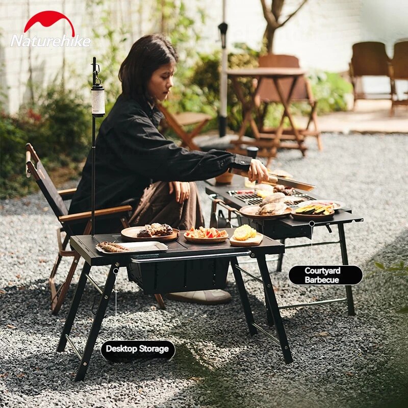Naturehike Multifuctional Travel Barbecue Table Folding BBQ Grill Outdoor Camping Picnic Portable Integrated Built-in Cooking Charcoal Grill with Lamp Pole Easy to Clean Nature Hike