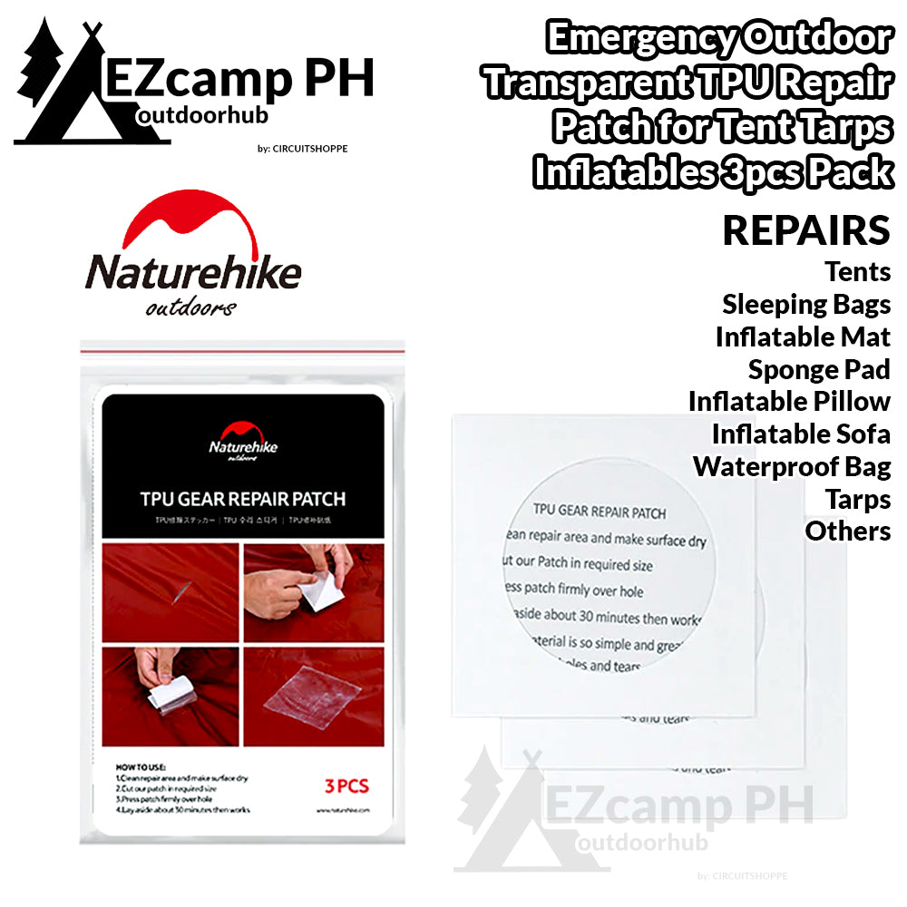 Naturehike 3pcs Pack TPU Gear Emergency Repair Adhesive Patch Kit Tent Tarp Air Inflatable Floaters Salbabida Bed Transparent Waterproof Sticker Patches Outdoor Camping Tool Nature Hike PU PVC Plastic