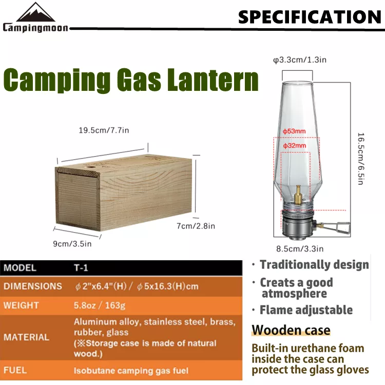 CAMPINGMOON T-1 Gas Butane Candle Light Lantern Lamp Camping Atmosphere Ambient Lighting For Screw Type Butane Isobutane Fuel With Wood Wooden Box