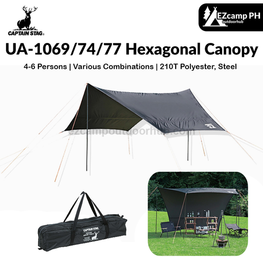 CAPTAIN STAG UA-1069/74/77 Hexagonal Canopy Portable Lightweight Multiple Setups 4-6 Persons CS Black Label Hexagon Tarp Outdoor Camping Tent With Poles