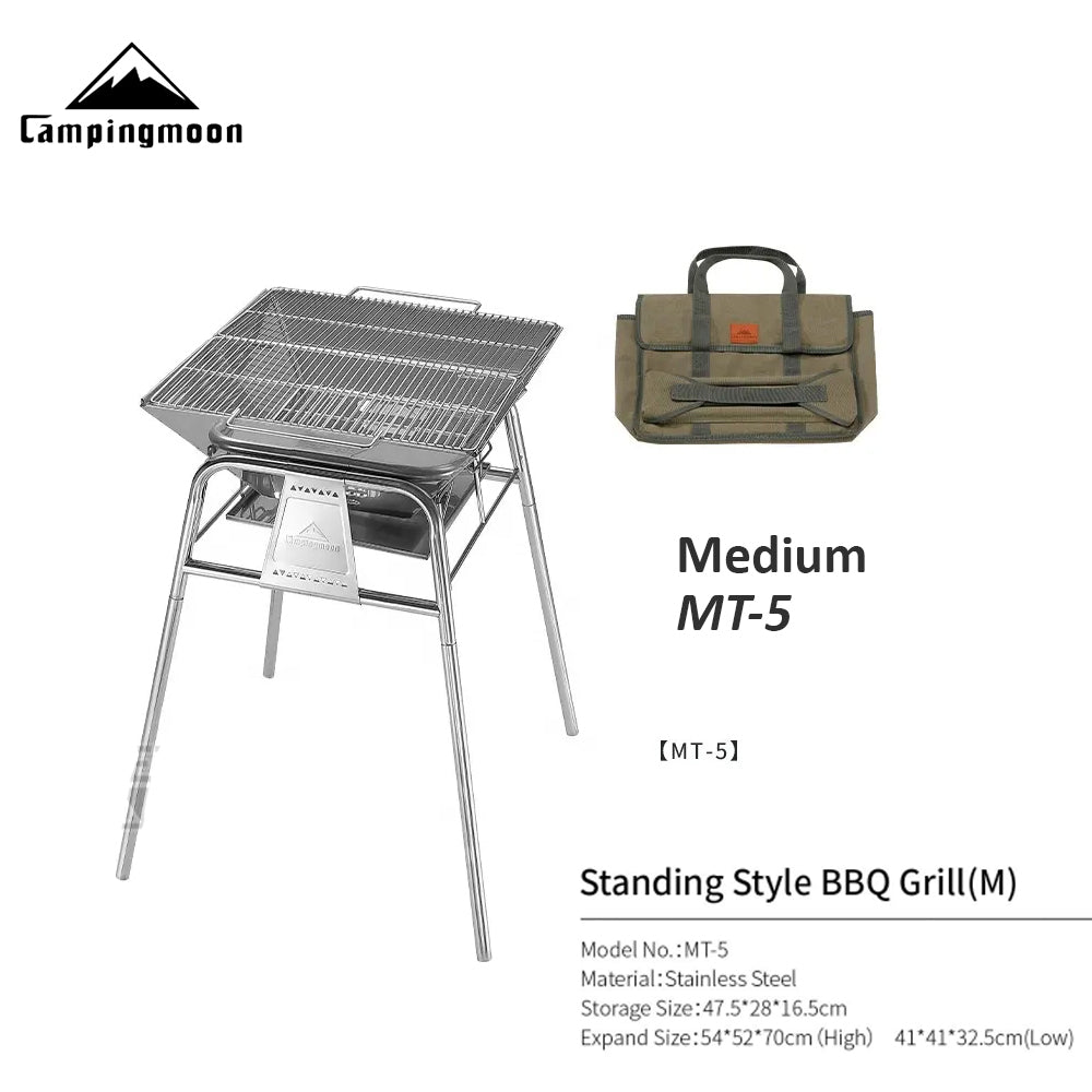 CAMPINGMOON MT-5 Standing Campfire Stainless Steel Grill Portable Folding Charcoal Fire Wood Burner Fire Pit Bonfire Firewood Rack Outdoor Camping Travel