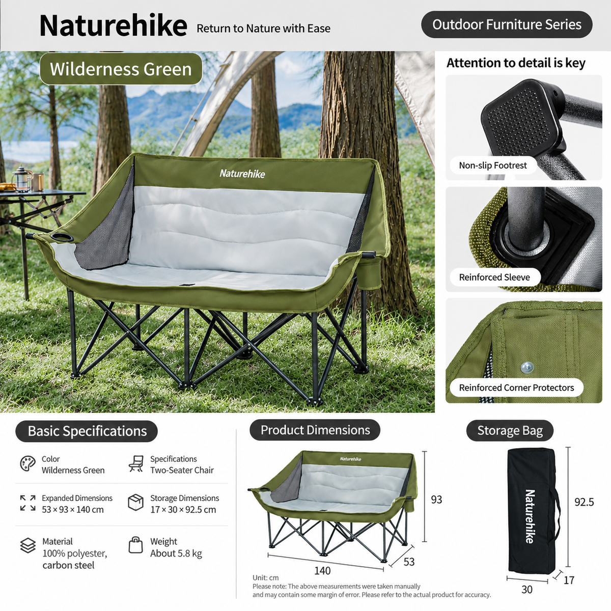 Naturehike COMFORT MAX Double Folding Chair Camping Portable Soft Padded Cushions 240kg Max Load