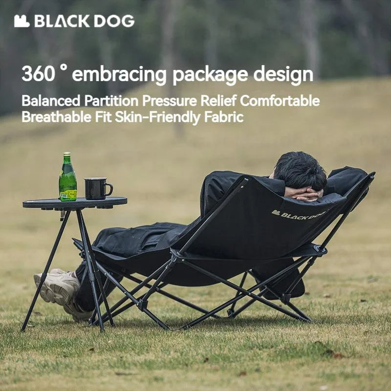 BLACKDOG Black Foldable Camping Lounger Portable Leisure Chair and Bed 2 in 1 Reclining Removable Headrest Pillow Folding Office Balcony Chair