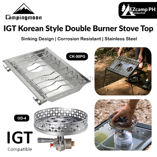 Campingmoon IGT Korean Style Double Burner Stove Top 2 Unit IGT Size Integrated Grill Table Rack Dual Stainless Steel Butane Gas Stove Windproof