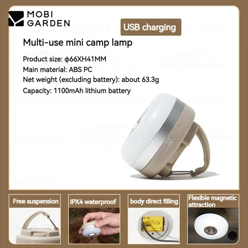 MOBI GARDEN Zero Peak Camp Lamp 8 Adjustable Light Modes Mini Lamp Magnetic Suction Waterproof Lantern Emergency Light With Hook Outdoor USB or Battery Type