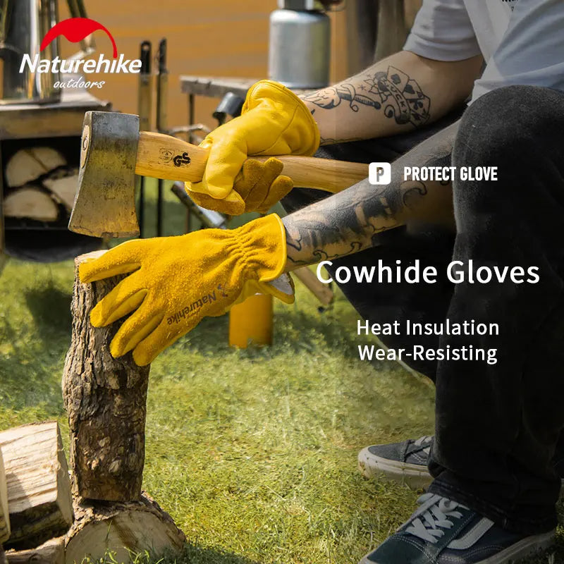 Naturehike Cowhide Leather Outdoor Working Gloves Camping Barbecue Chop Wood Gardening BBQ Heat Wear and Tear Resistant Breathable Comfortable Glove