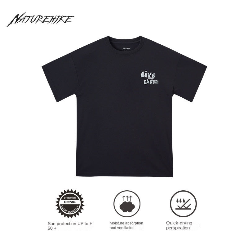 Naturehike Unisex Summer Black Outdoor T-Shirt Casual Camping Pattern Short Sleeved Round Neck Clothing for Men and Women Camping Hiking Travel Picnic Outdoor Premium Cotton Original Nature Hike