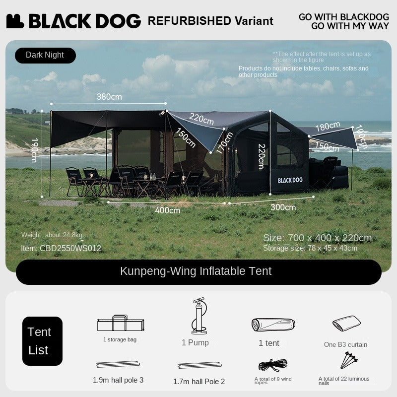 Blackdog BLACK SOAR AIR 12.0 Inflatable Cabin Style Tent Fast Build PVC Air Frames 210D Black Vinyl Coated Sunscreen Waterproof Panoramic View 6-8 Person