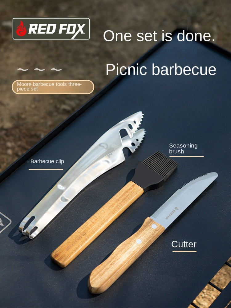 Redfox BBQ Grill Tool Set Portable Lightweight Multipurpose Knife Tong Clip Oil Brush Set For Outdoor Camping Picnic Utensil Barbecue Wood Food Grade
