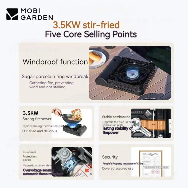 Mobi Garden Large Butane Camping Stove Mini 3.5KW Firepower With Built-in Windshield Standard Gas Fuel Nozzle Type Canister Cassette Style With Storage