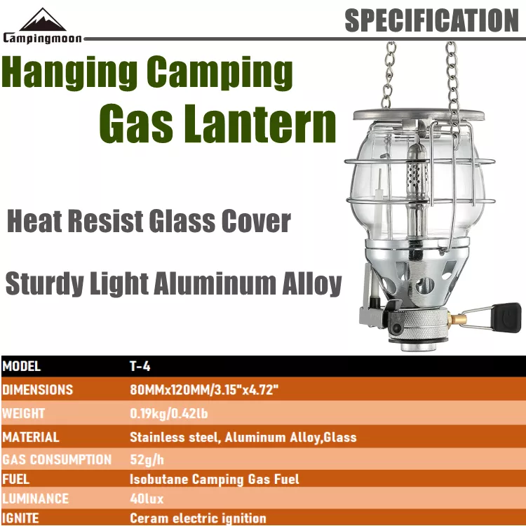CAMPINGMOON T-4 Hanging Single Mantle Gas Butane Atmosphere Light Lantern Lamp For Screw Type Isobutane Fuel Pole Hang Light Electric Ignition Igniter