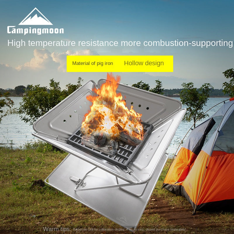 CAMPINGMOON Outdoor Camping Barbecue Fire Table Cast Iron Carbon Bed Durable Grill Thick Cast Iron Square BBQ Roasting Coal Rack Stable Coal Bed