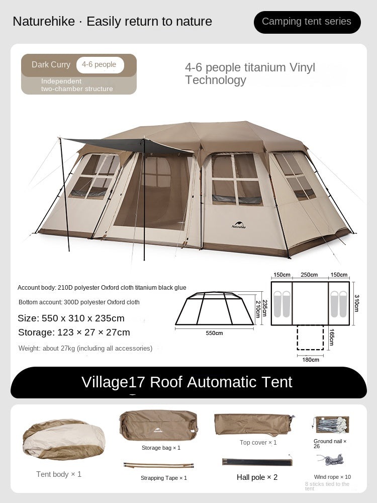 Naturehike VILLAGE 17 Automatic Tent Portable 6-8 Person Cabin Style Camping Ridge All-In-One Pole Travel Tent Double 2 Bedroom 1 Hall Foyer Waterproof Hut
