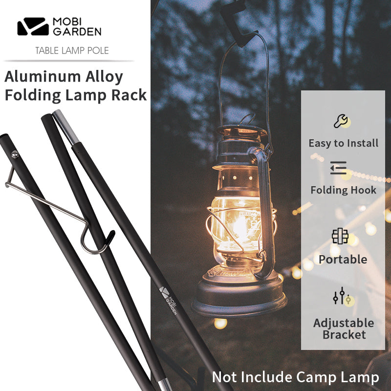 MOBI GARDEN Ultralight Folding Black Light Pole Outdoors Portable Lamp Shelf Aluminum Alloy Table Lighting Lamp Holder Bracket Hook Shelf Tent