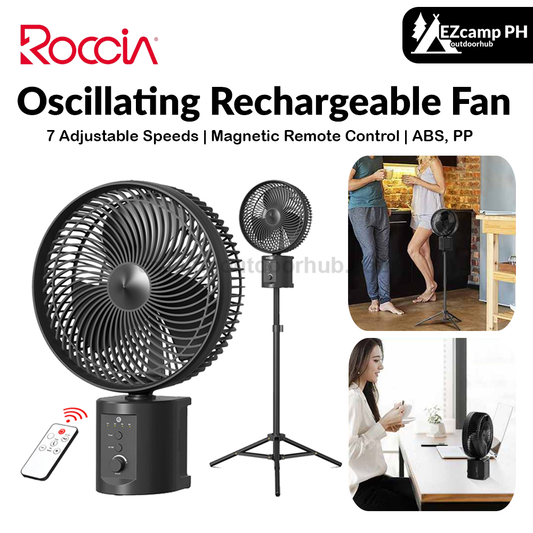 ROCCIA Oscillating Rechargeable Fan w/Remote Super Strong 7 Speeds 2 in 1 Unique Design 20000mAh (2*10000mAh) 10 Inch Cordless Battery-Operated Fan Opolar