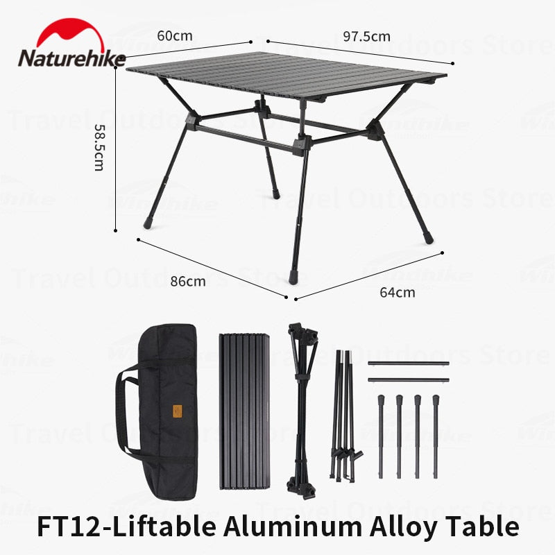 Naturehike FT12 Black Aluminum Egg Roll Camping Portable Folding Table 3 Level Height Adjustable up to 30kg Max Load Foldable Lifting Table