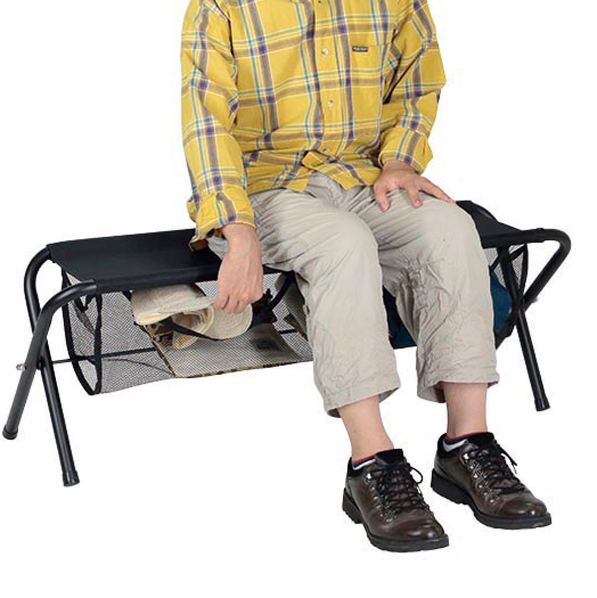 CAPTAIN STAG UC-1828 Black Fodable Bench Portable Folding Double 2 Person Stool Chair With Large Storage Pocket 140kg Max Load Outdoor Camping Seat