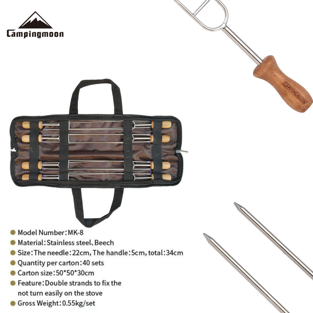 CAMPINGMOON MK-8 Stainless Steel Twin Skewer Outdoor Portable Lightweight Food Grade BBQ Skewers With Wooden Handle Barbecue Kebab Fork Needle