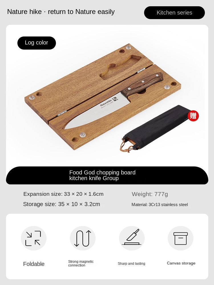 Naturehike Portable Kitchen Knife Chopping Board Set Magnetic Stainless Steel Knife Outdoor Travel Multifunctional Cookware Foldable Storage Design