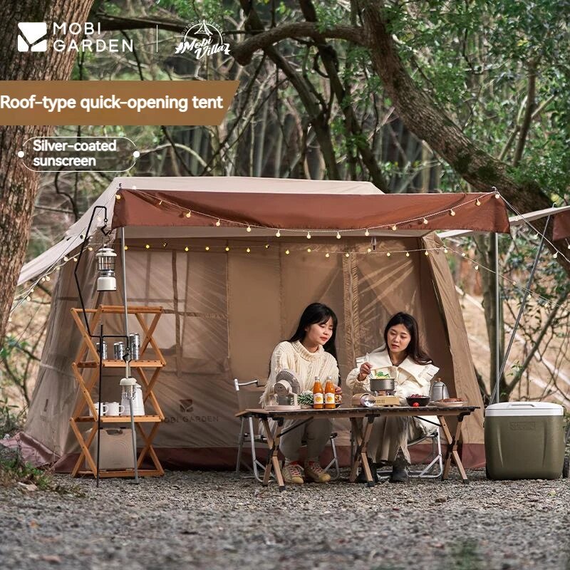 Mobi Garden HOLIDAY MOUNTAIN RESIDENCE 5.9 Fast Build Automatic Cabin Style Tent Waterproof 2 Door Built-in 2 Canopy Skylight village 6.0 ridge hut