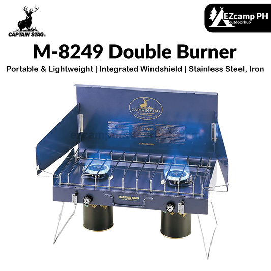 CAPTAIN STAG M-8249 Double Burner Gas Butane Stove Folding Outdoor Camping Integrated Windshield For Screw Threaded Type Butane Canister