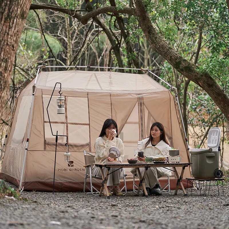 Mobi Garden HOLIDAY MOUNTAIN RESIDENCE 5.9 Fast Build Automatic Cabin Style Tent Waterproof 2 Door Built-in 2 Canopy Skylight village 6.0 ridge hut