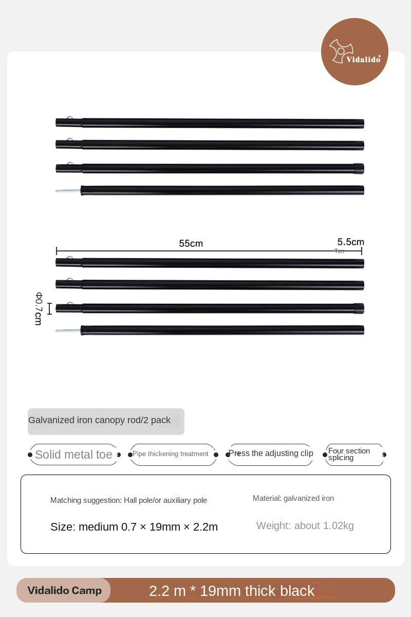 Vidalido Galvanized Iron Canopy Rod Black Steel Iron Awning Pole Tarp Tent 1.8m 2.2m 2.4m 2.8m Length 3-4 Section 2pcs Per Set Camping Accessories Rod