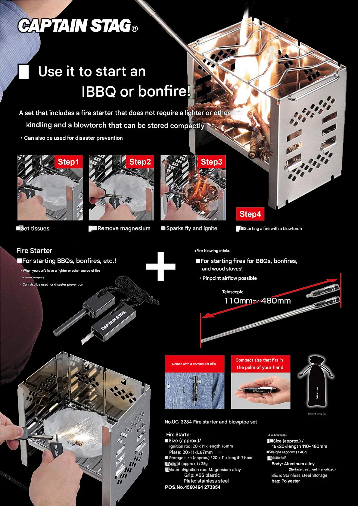 CAPTAIN STAG UG-3284 Fire Starter & Blow Stick Set Portable Igniter Fire Breathing Stick Set Extendable Blower Rod Flint Ignitor Outdoor Camping Survival Tool