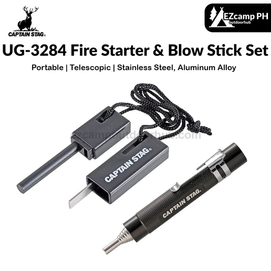 CAPTAIN STAG UG-3284 Fire Starter & Blow Stick Set Portable Igniter Fire Breathing Stick Set Extendable Blower Rod Flint Ignitor Outdoor Camping Survival Tool