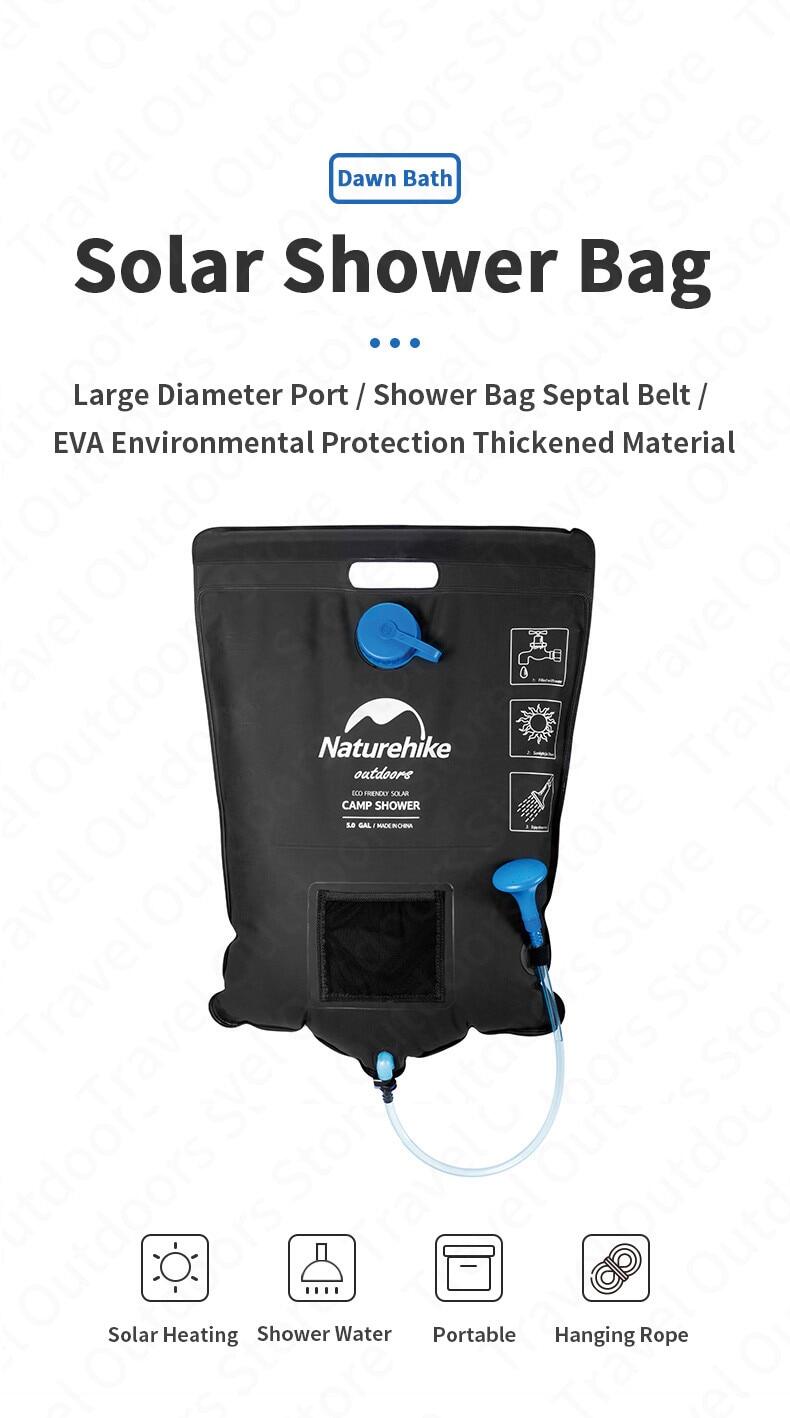 Naturehike Solar Camp Shower Outdoor Portable Foldable Solar Sun Heated Bath 20L Capacity Thicked Mobile Shower Bag 3 Hour Heating Camping Hiking Travel Bathing Heavy Duty Original Nature Hike