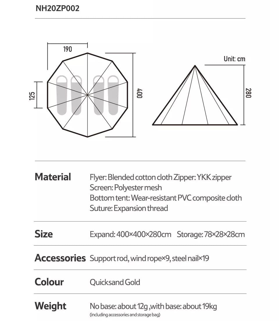 Naturehike PROFOUND Series 9.6 Cotton Pyramid Bell Camping Glamping Tent 9.3m² Large Family Group Waterproof Outdoor for 5 to 8 Person Tipi Tepee