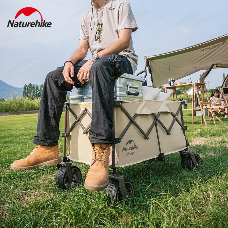 Naturehike TC02 Portable Camping Trolley Cart 197L 120kg Max Fine Narrow Wide Rough with Brake Wheel Stopper 4 Way Folding with Optional Table Board