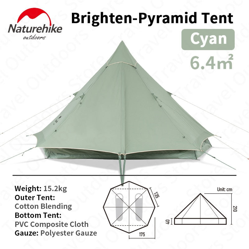 Naturehike BRIGHTEN Series 6.4 Blended Cotton Pyramid Bell Camping Glamping Tent 6.4m² Family Waterproof Outdoor Luxury Shelter for 4 to 6 Person Tipi