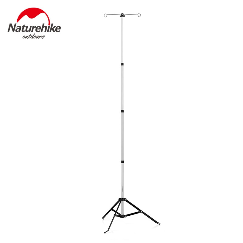 Naturehike Adjustable Light Stand Outdoor Portable Lightweight Lamp Holder Post Telescopic Camping Lantern Pole With Tripod Stable Retractable Hanger Silver Aluminum Alloy Camping Hiking Picnic Beach Travel Heavy Duty Original Nature Hike