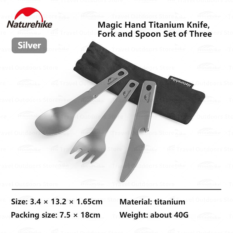 Naturehike 3-in-1 Titanium Tableware Set Portable Ultralight Cutlery Spoon Fork Knife Bottle Opener Camping Hiking Backpacking Dining Utensil
