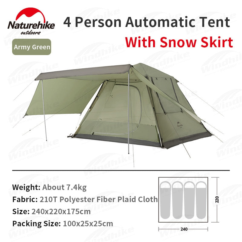 Naturehike ANGO 4 Person Automatic Pole Camping Tent Front Back Side Awning Canopy Snow Rain Skirt Auto Pop up Waterproof Family Outdoor Portable Foldable Folding